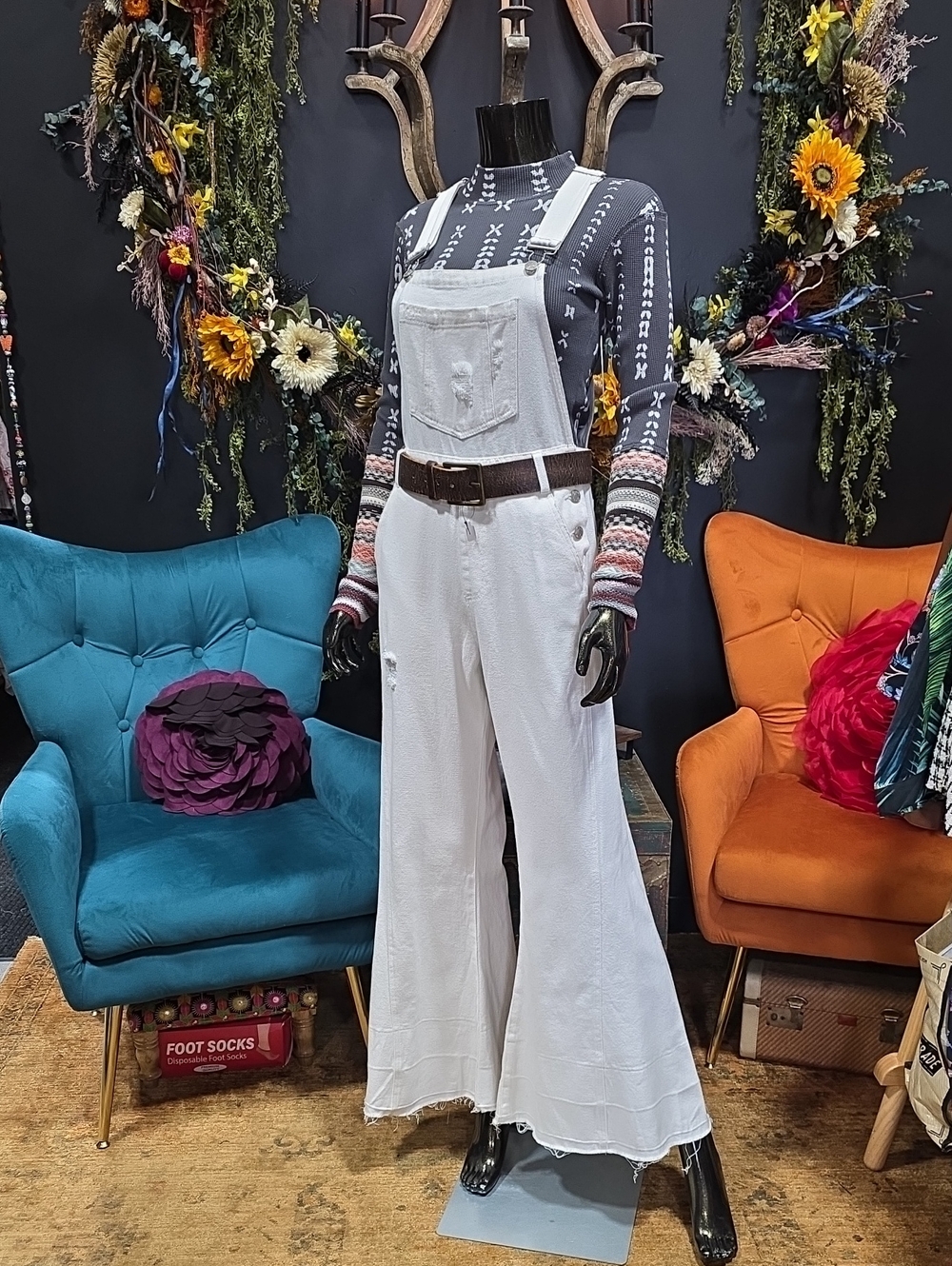 Aaron & Amber White Denim Wide-Leg Bell Overalls Jumpsuit
